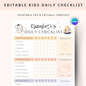 Kids Daily School Checklist Schedule Printable, Editable Chore Chart, Daily Routine Responsibility Chart, Homeschool Planner To Do List