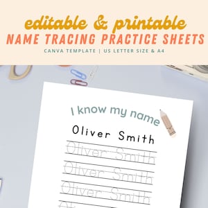 May include: Printable worksheet for practicing writing the name "Oliver Smith". The worksheet has a line at the top that says "I know my name" and a pencil with a smiley face. There are five lines for practicing writing the name.