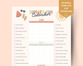Printable Summer Calendar Poster, Summer Activities Calendar, Bucket List, Summer Checklist, Family Calendar, EDITABLE, Instant Download