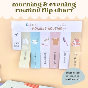 Puede incluir: Un gráfico de rutina matutina interactivo y personalizable con ilustraciones para cada tarea. El gráfico incluye tareas como usar el baño, desayunar, cepillarse los dientes, vestirse, peinarse y prepararse.