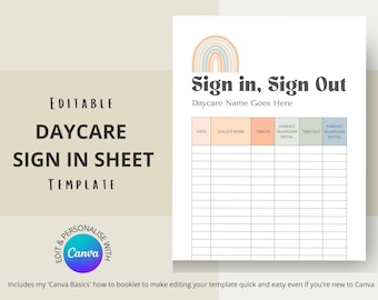 Sign In and Out Form For Daycare, Home Daycare, Preschool Sign In Sheet, Daycare Forms, Daycare Provider, Childcare Center Editable Template
