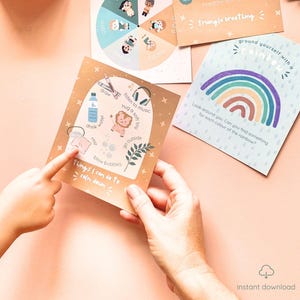 Mindfulnesskaarten voor kinderen afdrukbaar, gevoelens- en emotiekaarten voor peuters, gevoelenswiel, affirmatiekaarten voor kinderen, bewust ademen