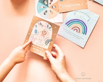 Mindfulness cards for kids printable, feelings and emotions cards for toddlers, feelings wheel, affirmation cards kids, mindful breathing