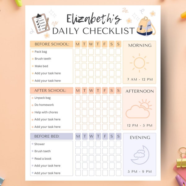 Kids School Day Checklist Schedule Printable, Editable Chore Chart, Daily Routine Responsibility Chart, Homeschool Planner To Do List