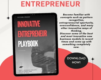 Puede incluir: Una portada de libro electrónico digital con un esquema de color rojo, blanco y negro. El título es "Innovative Entrepreneur Playbook: Future-Proof". La portada presenta a una persona con los brazos cruzados, de pie frente a un horizonte urbano. El texto en la portada dice "How to Generate, Evaluate, and Implement Game-Changing Ideas".