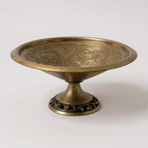 Vintage Oppenheim Israel Pedestal Bowl  5&quot;– Handcrafted Brass Dish with Enamel & Filigree – Mid-Century Decorative Bowl