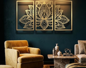 Art mural mandala lotus - décoration en métal doré, art de salon zen bohème