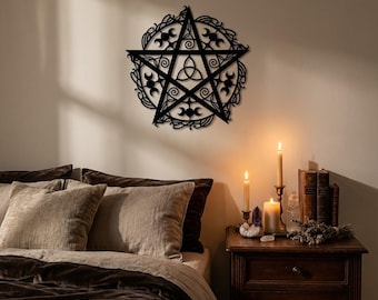 Arte mural de pentagrama - Decoración metálica de triple luna, escultura de estrella wiccana