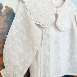 Girls long-sleeved petal collar blouse with embroidered detail -beige