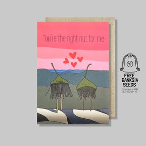 Cartão de amor "Você é a pessoa certa para mim" | cartão de gumnut nativo, eucalipto, corações de amor, árvore de goma, cartão de amor engraçado