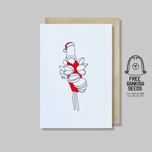 Cartão de Natal australiano exclusivo - Banksia Pod como Papai Noel | cartão de Papai Noel, cartão de Natal, Natal australiano, desenho de cápsula de Banksia, Banksia integrifolia