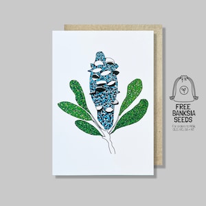 Cartão Mosaico Banksia Just Because | Por que eu amo a mamãe, cartão de arte em mosaico, cartão de vagem Banksia, flor Banksia, arte da natureza, flor de madressilva, arbusto