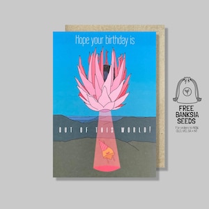 Surrealistische Protea UFO-kunstkaart – geïllustreerde Australische botanische wenskaart