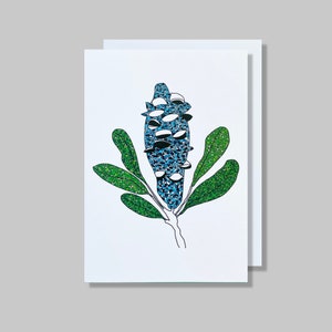 Biglietto di ringraziamento Banksia / perché amo la mamma, biglietto d'arte in mosaico, biglietto con baccello di Banksia, fiore di Banksia, regalo per la mamma, fiore di caprifoglio, arte del cespuglio