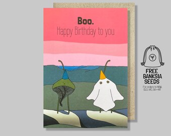 Cute ghost birthday card | ghost gum tree, gumnut, may gibbs, funny birthday card, boo, eucalyptus