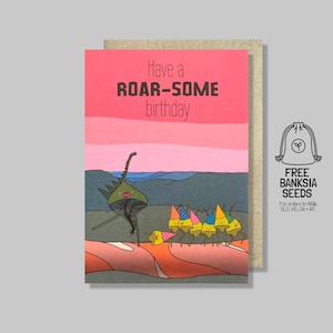 Carte fantaisiste Gumnut - Chasse aux dinosaures australiens dans un paysage rose