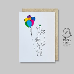 Biglietto Banksia Just Because / biglietto Banksia baccello, palloncini, May Gibbs, biglietto Banksia uomo, biglietto kawaii, palloncini per feste, arte della boscaglia, biglietti arcobaleno
