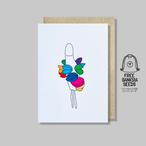 Cartão Banksia Just Because | cartão Banksia Pod, cores do arco-íris, orgulho LGBTQIA+, cores de festa, vestido de festa, cartão kawaii, Waratah, orgulho LGBTQIA+