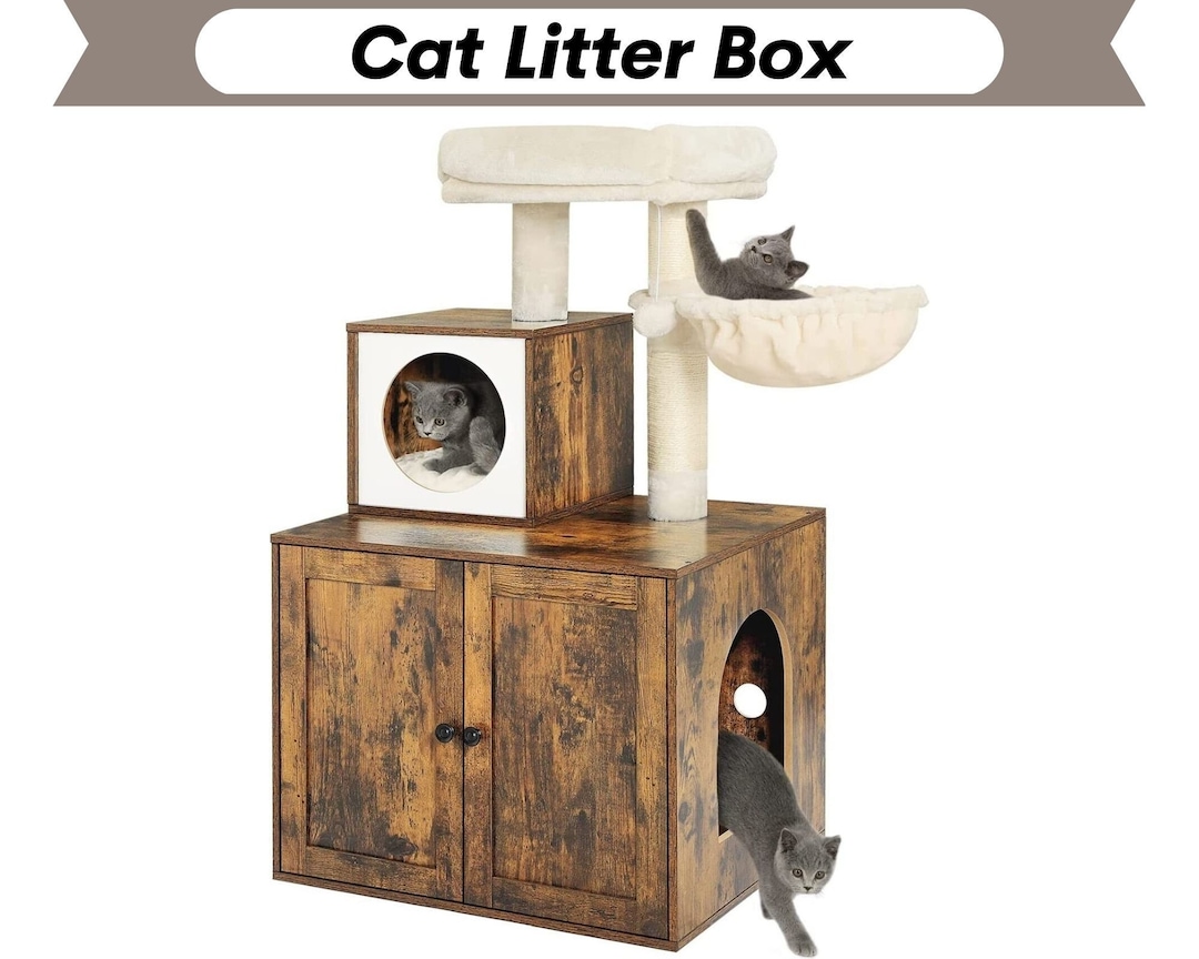 Wood Cat Tree With Litter Box Enclosure Cat Play Furniture Etsy