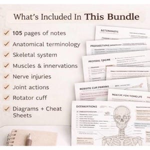May include: A bundle of anatomical study notes. The image shows a stack of printed pages with handwritten notes, diagrams, and cheat sheets. The text includes anatomical terminology, skeletal system, muscles, nerve injuries, and joint actions. A notepad and pen are visible.