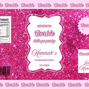 May include: A pink glitter background with the word "Barbie" repeated across the top and bottom. The design includes a central white frame with text: "come on Barbie let's go party" and "Hannah's 7th Birthday Party 12.5.2024".