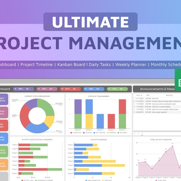 Project Management Dashboard | Google Sheets Template | Automatic Dashboard | Timeline | Kanban Board | Planner Spreadsheet