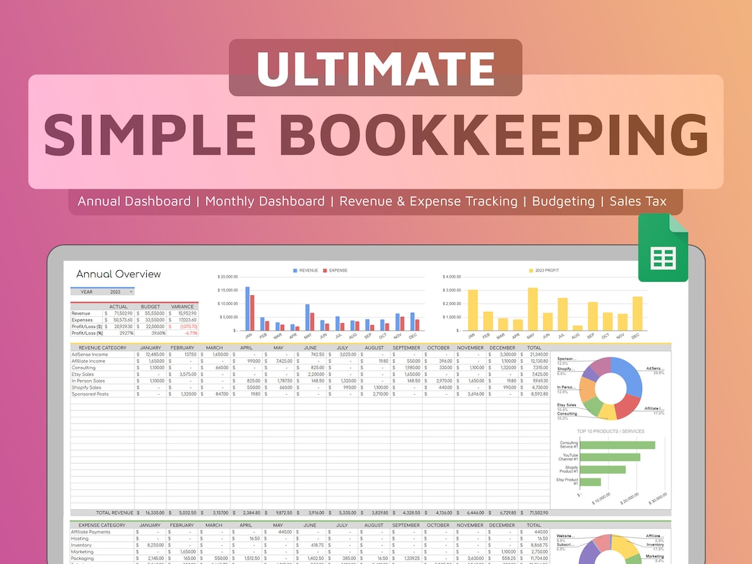 Easy & Simple Bookkeeping Template Google Sheets and Expense