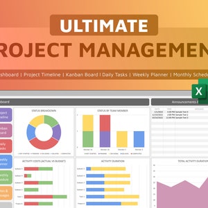 Project Management Dashboard | Excel Template | Automatic Dashboard | Gantt Chart Timeline | Kanban Board | Planner Spreadsheet