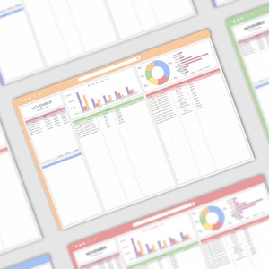 May include: A spreadsheet with a colorful chart and graphs showing financial data for the month of November. The spreadsheet includes columns for date, description, income, expenses, and balance. The chart shows the breakdown of income and expenses by category. The graphs show the trend of income and expenses over time.