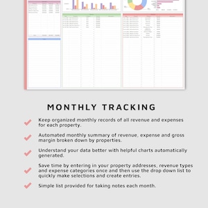 May include: A pink and green Google Sheets template for tracking monthly revenue and expenses for multiple properties. The template includes charts and graphs to visualize data. The text "EASY GOOGLE SHEETS TEMPLATE" and "MONTHLY TRACKING" is displayed on the image.
