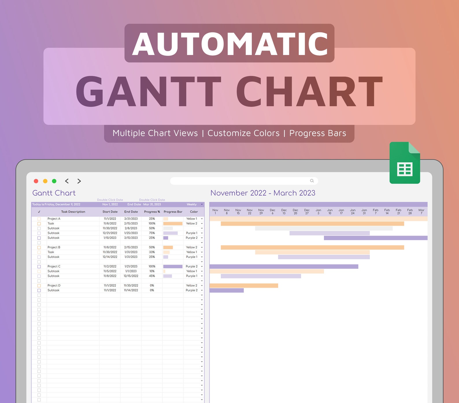Gantt Chart | Automated Project Timeline | Task Tracker | Google Sheets ...