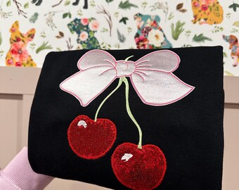 Sequin cherry coquette bow embroidered sweatshirt