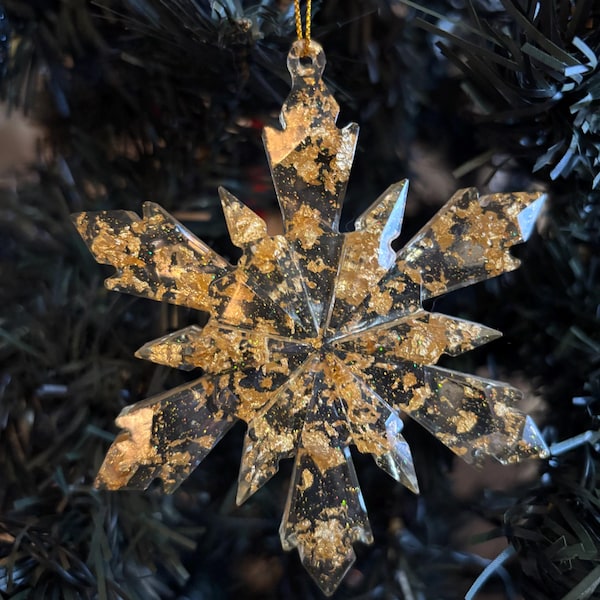 Snowflake Christmas ornament clear resin with gold flake
