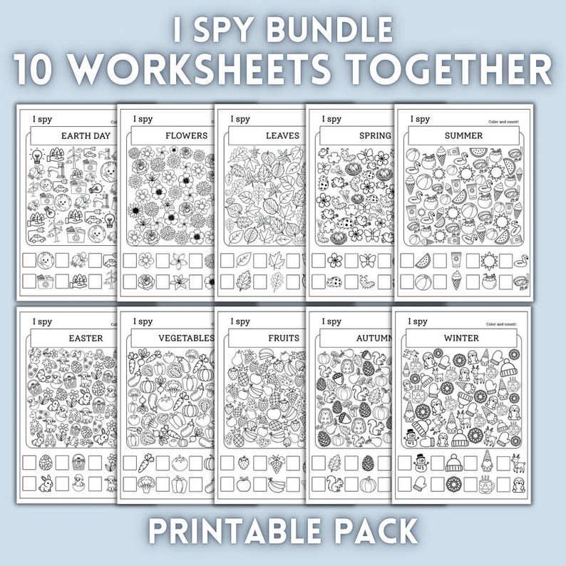 I Spy Bundle 10 Pages Printable Worksheets • Preschool Counting ...