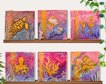 Original Ocean Mini Canvas Set mit 6 handgemalten Meeresmotiven, 10 x 10 cm, einzigartiges Mixed-Media-Kunstset von EvaJoachimArt