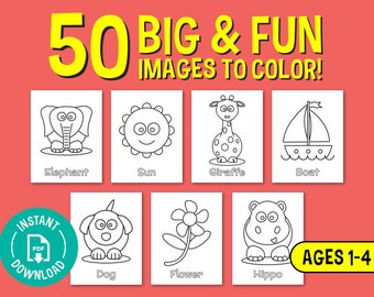 Op de afbeelding: Een set van 50 printbare kleurplaten met eenvoudige zwart-wit illustraties van dieren, objecten en de natuur. De afbeeldingen zijn ontworpen voor kinderen van 1 tot 4 jaar en bevatten een olifant, zon, giraffe, boot, hond, bloem en nijlpaard.