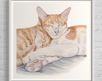 Könnte beinhalten: Ein Aquarellbild von zwei orangefarbenen Tabby-Katzen, die sich aneinander kuscheln. Die Katzen schlafen mit geschlossenen Augen und ihren Pfoten unter ihrem Körper. Das Bild ist in einem realistischen Stil gemalt und fängt die Wärme und Liebe zwischen den beiden Katzen ein.
