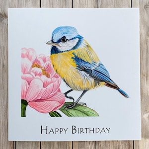 Carte d'anniversaire mésange bleue, carte de voeux mésange bleue, cartes mésange bleue, mésange bleue, carte d'anniversaire oiseau, carte mésange bleue et fleur, oiseaux, aquarelle