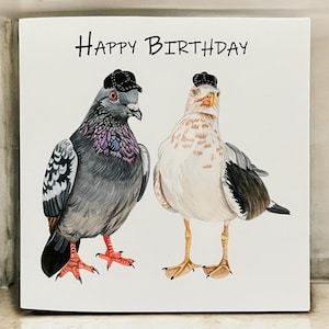 Funny Pigeon & Seagull Birthday Card: Personalised Watercolor Bird Card