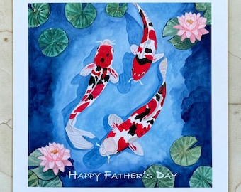 Koi fish fathers day card, koi carp card, fish fathers day cards, koi pond card, Japanese koi card, koi fish art card, koi cards, dad cards