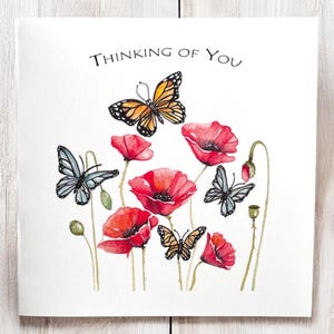 Cartes pense à vous, carte pense à vous, carte coquelicot, carte de condoléances, cartes papillon, carte pense à vous papillon, carte d'art coquelicot