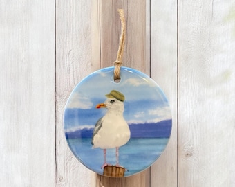 Ceramic seagull ornament, seagull gifts, ceramic hanging ornaments, seagull ornament, seagull hanging wall art, ceramic discs, bird ornament
