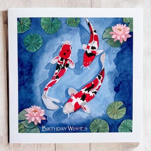 Koi fish birthday card, koi carp card, fish cards, koi pond card, Japanese koi card, koi fish art card, blank greetings card, koi cards,