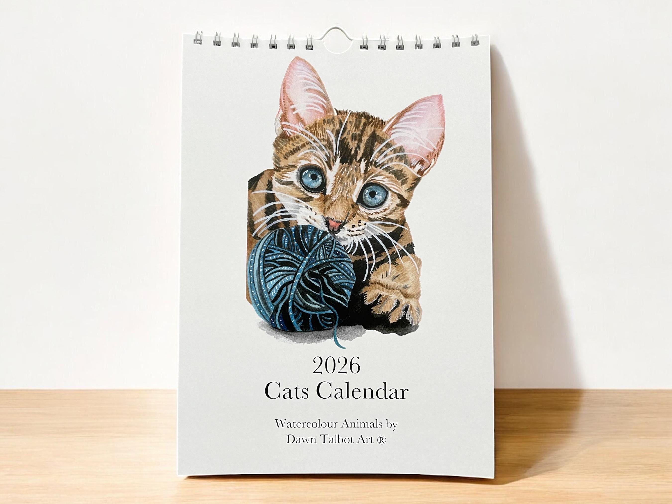 Cat 2026 calendar, cat calendar, monthly cat calendar, watercolour cat calendar, 2026 calendars, A4 wall calendar 2026, fun cat calendar.