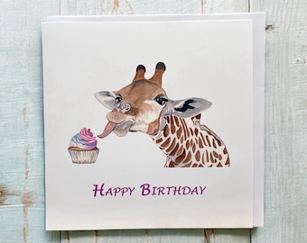 Funny Giraffe Birthday Card: Watercolor Art, Personalized Name Option