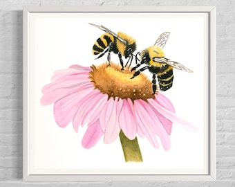 Bumble bee fine art print, bee pictures, bee lover pictures, nature lover gift, bee gifts, watercolor bee paintings, Giclee prints, bees