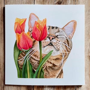 Carte d'anniversaire de chat, cartes d'anniversaire de chat, cartes d'anniversaire de chat vierges, cartes de chat, cartes d'anniversaire pour amoureux des chats, cartes pour elle, cartes de chat, tulipes.