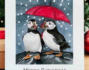 Puffin Christmas card, watercolor puffin Christmas card, Christmas card couple, bird Christmas cards, fun Christmas cards, love puffin card