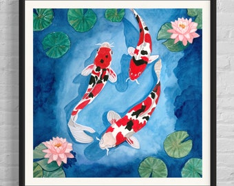 Koi fish pond fine art print, koi carp fish art, koi fish Giclee print, watercolor koi fish, koi lover gifts, koi fish picture for home,