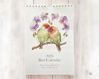 bird calendar, 2026 bird calendar, owl calendar, seagull calendar, watercolour calendars, lovebird calendar, 2026 calendars, fun calendars